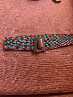 Hand-Beaded Turquoise & Coral Geometric Belt with Wooden Buckle